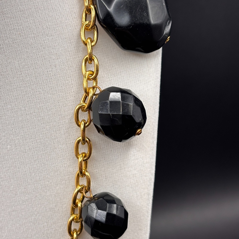 Vintage Gold Tone Chain Black Faceted Bead Statement Necklace Over The Head Y2K - Picture 3 of 9